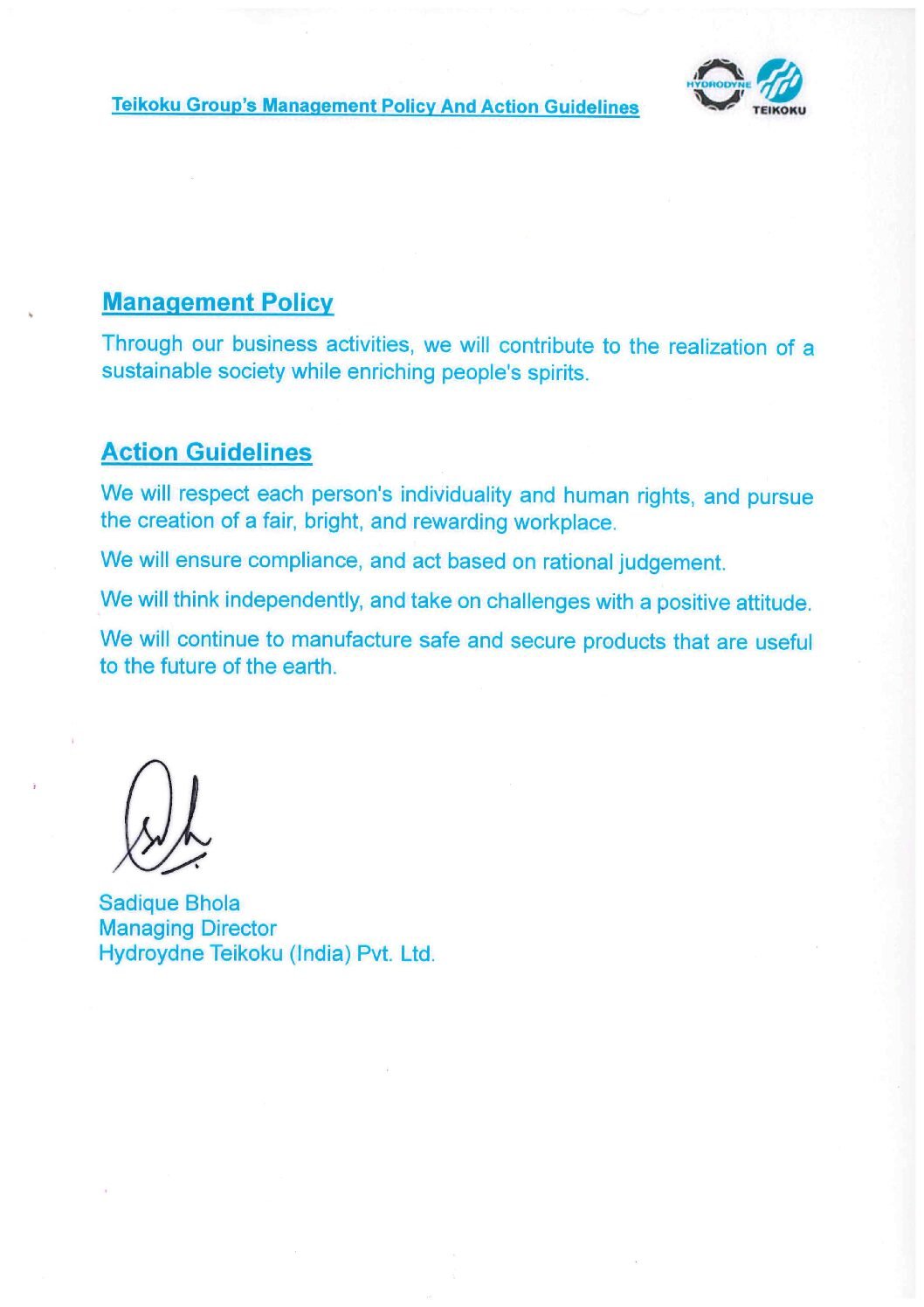 Teikoku Group Management Policy and Action Guidelines, signed by the Managing Director